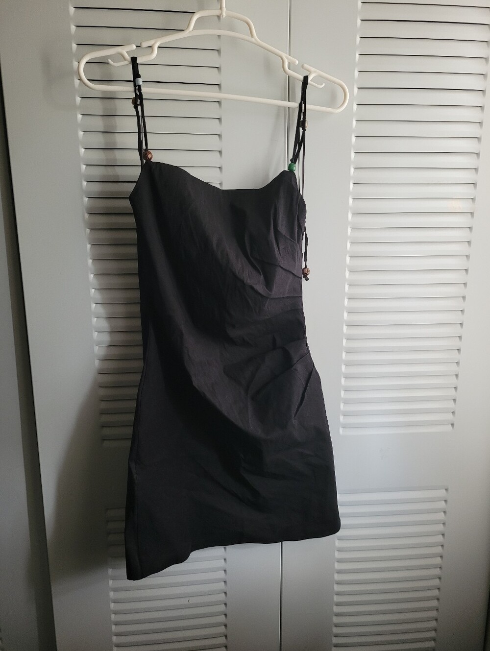 ZARA NWT Black Beaded Spaghetti Strap Ruched LBD Dress Medium